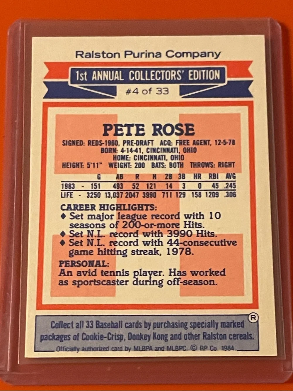 Pete Rose #4 1984 Topps [Cereal Series] Baseball Trading Card